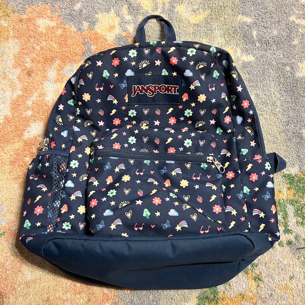 JanSport Cross Town Plus Backpack Navy Whimsical Rainbow Mushroom Print JS0A7ZNZ